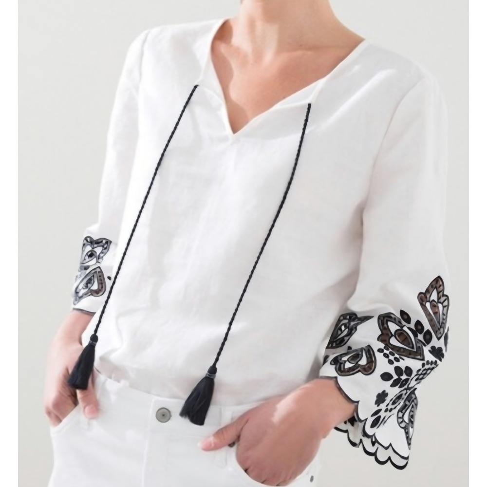 Chico's White w Blue Cutout Floral Embroidered Linen Blend Top SZ Med Boho